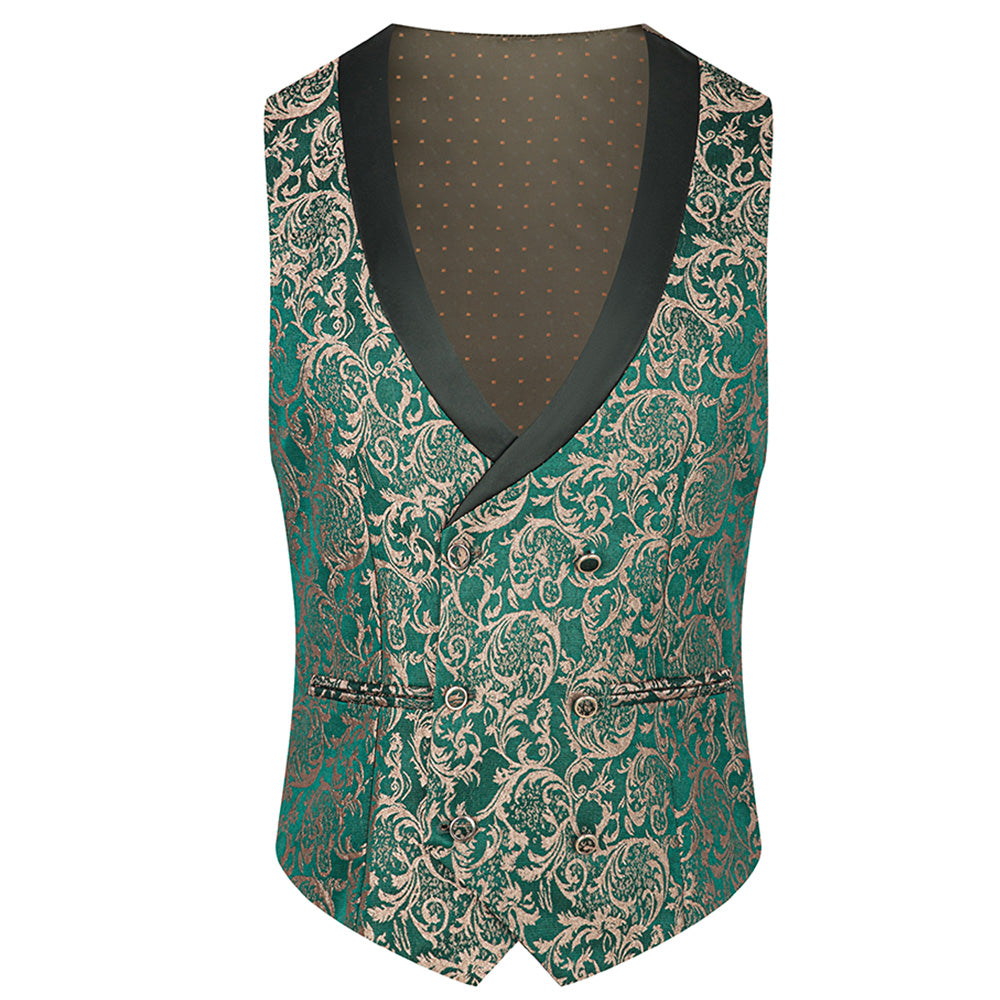 Men's 3-Piece Vintage Style Gold Damask Jacquard Green Suit
