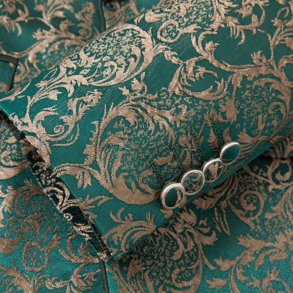 Men's 3-Piece Vintage Style Gold Damask Jacquard Green Suit