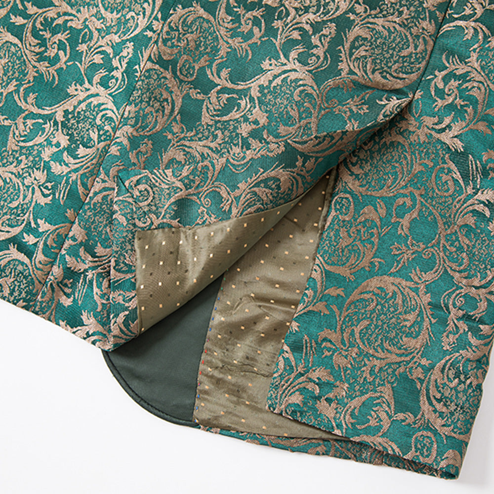 Men's 3-Piece Vintage Style Gold Damask Jacquard Green Suit