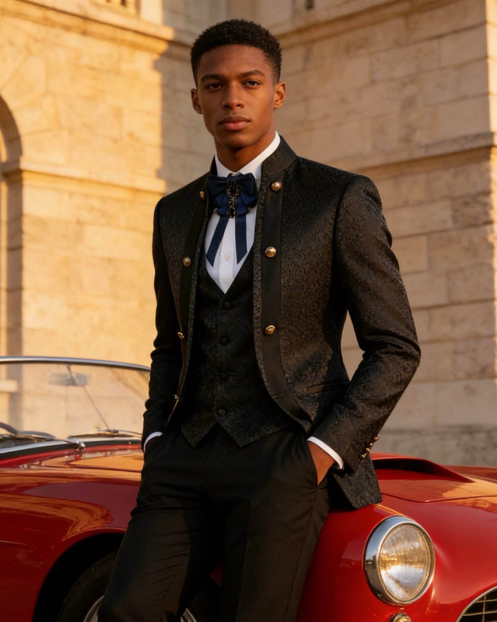 Mens 3-Piece Black Paisley Fitted Stand Collar Prom Suit