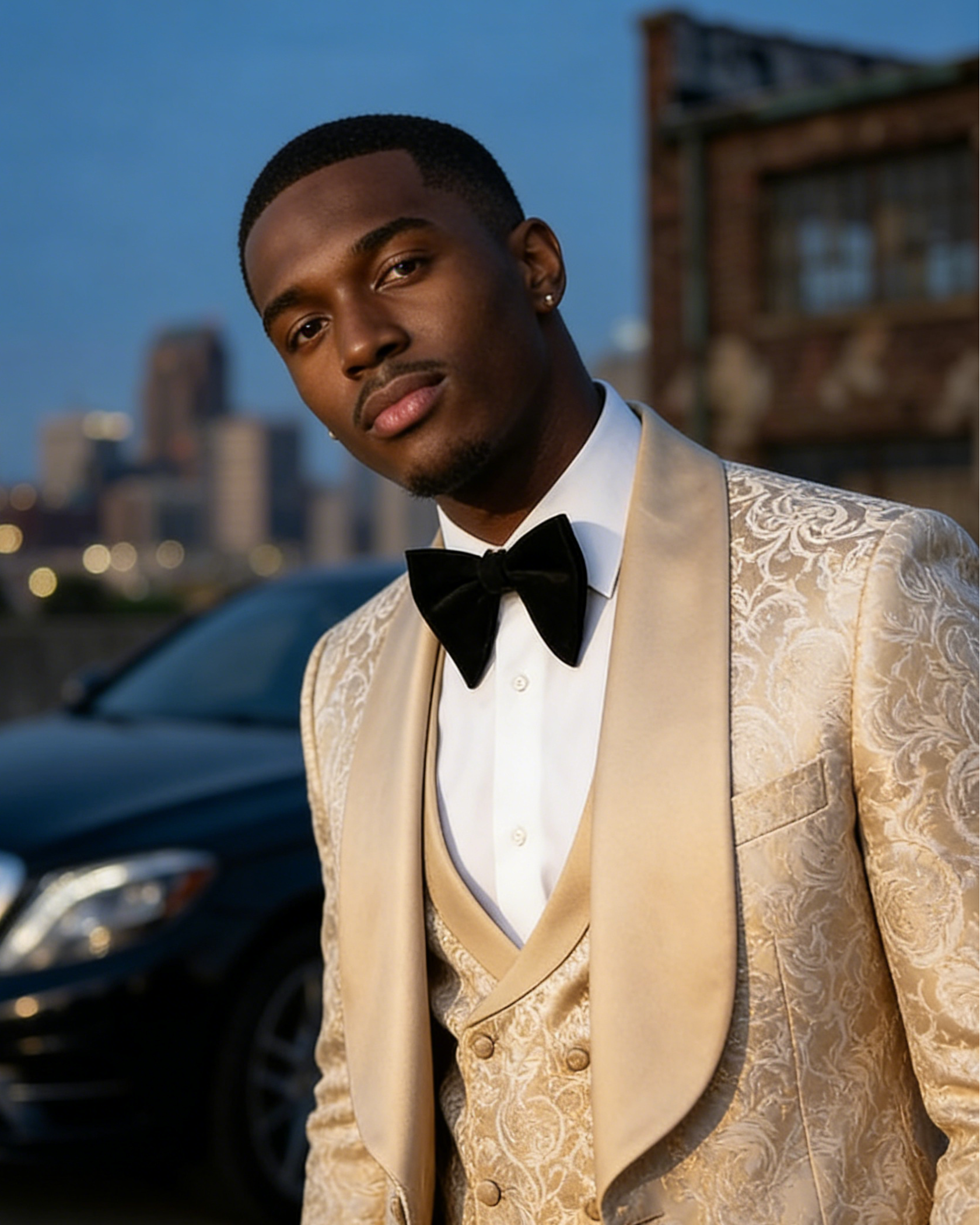 champagne gold jacquard Men's 3-Piece prom suit