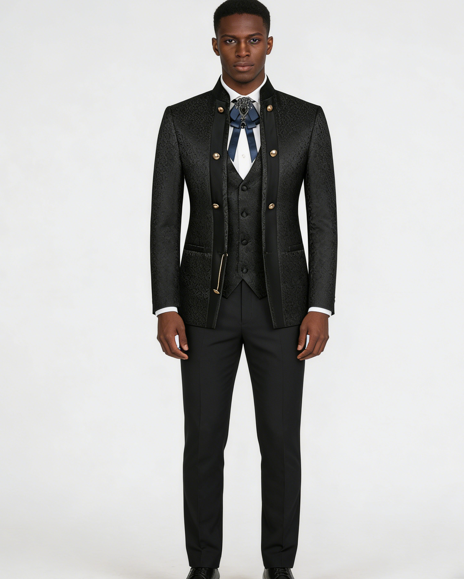 Mens 3-Piece Black Paisley Fitted Stand Collar Prom Suit