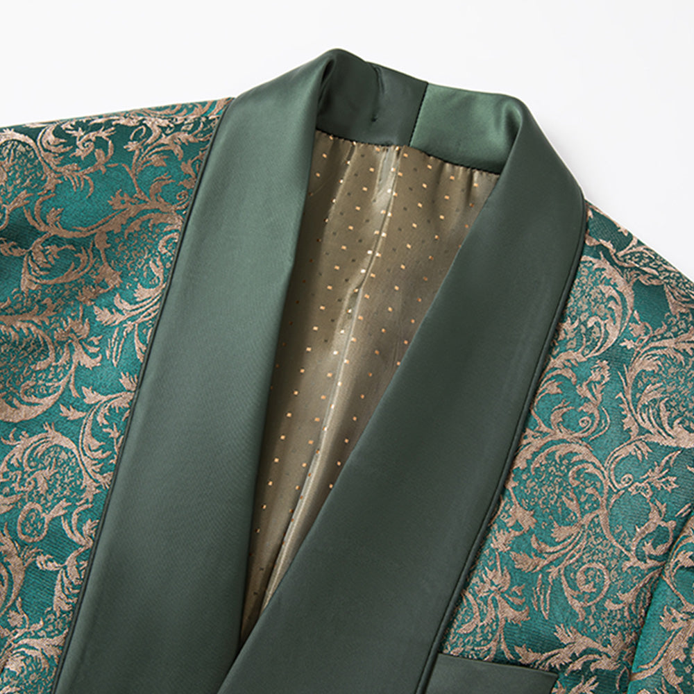 Men's 3-Piece Vintage Style Gold Damask Jacquard Green Suit