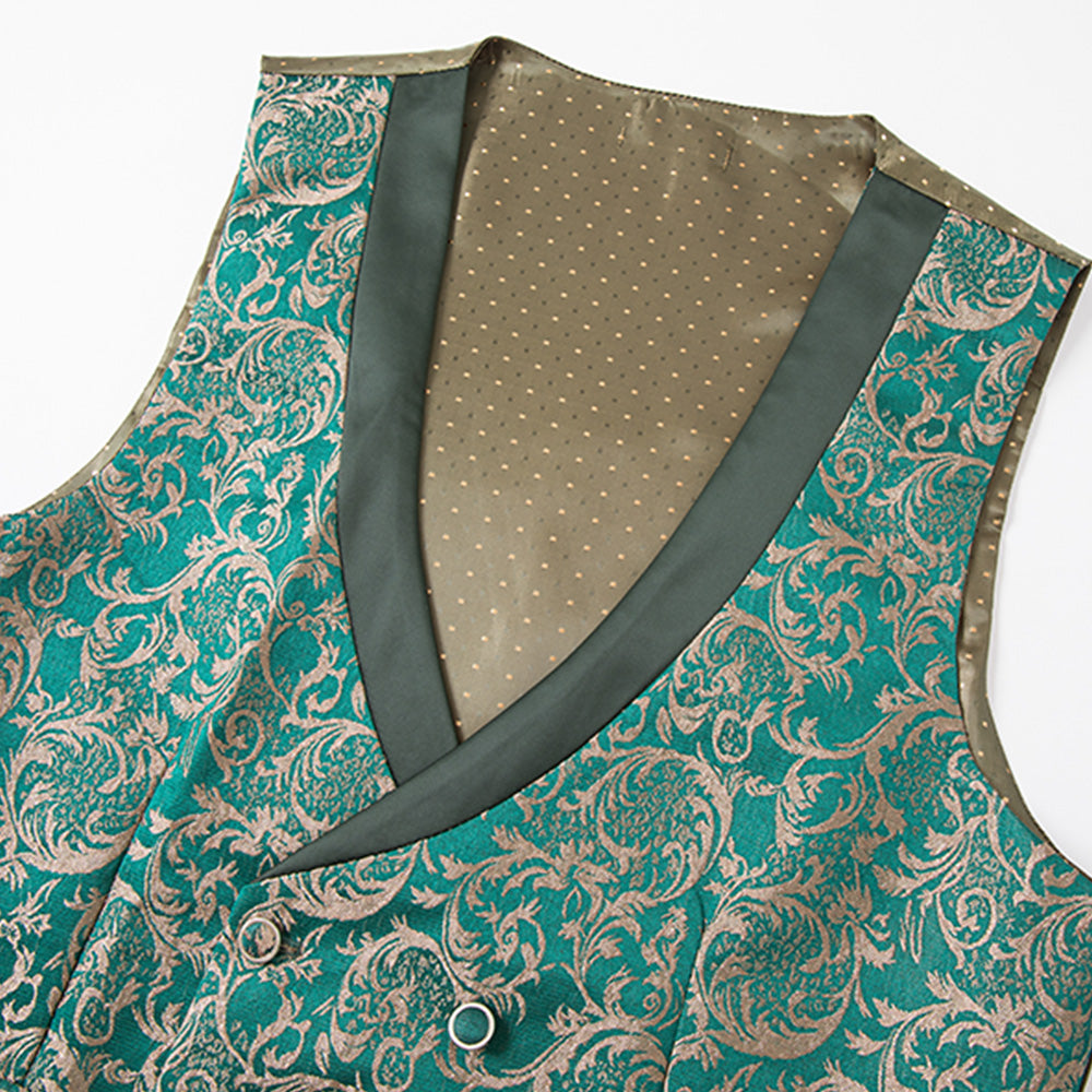 Men's 3-Piece Vintage Style Gold Damask Jacquard Green Suit
