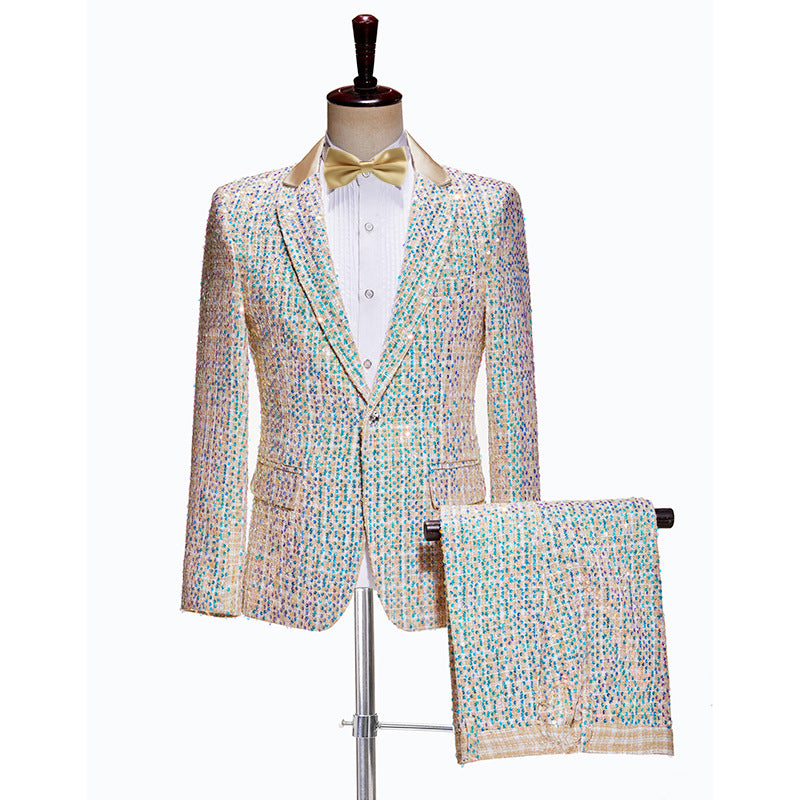 Mens 2-Piece Champagne Sequin Grid Prom Suit