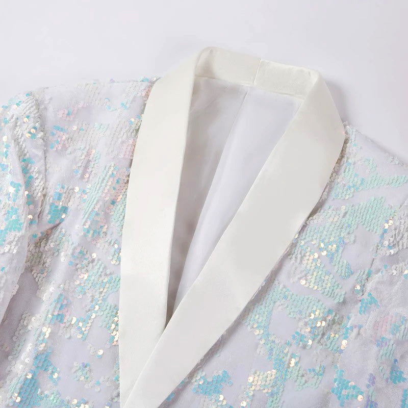 White Embroidery Sequin Slim Fit Tuxedo Jacket