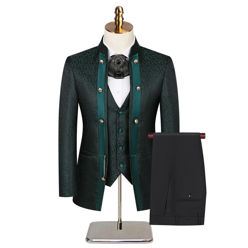 Mens 3-Piece Green Paisley Fitted Stand Collar Prom Suit