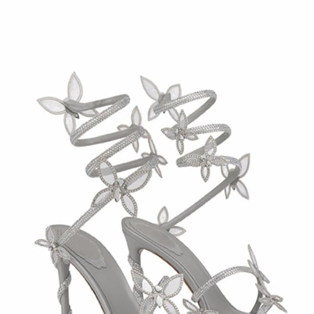 Silver Sandal With Butterflies And Crystals Heels Prom Shoes
