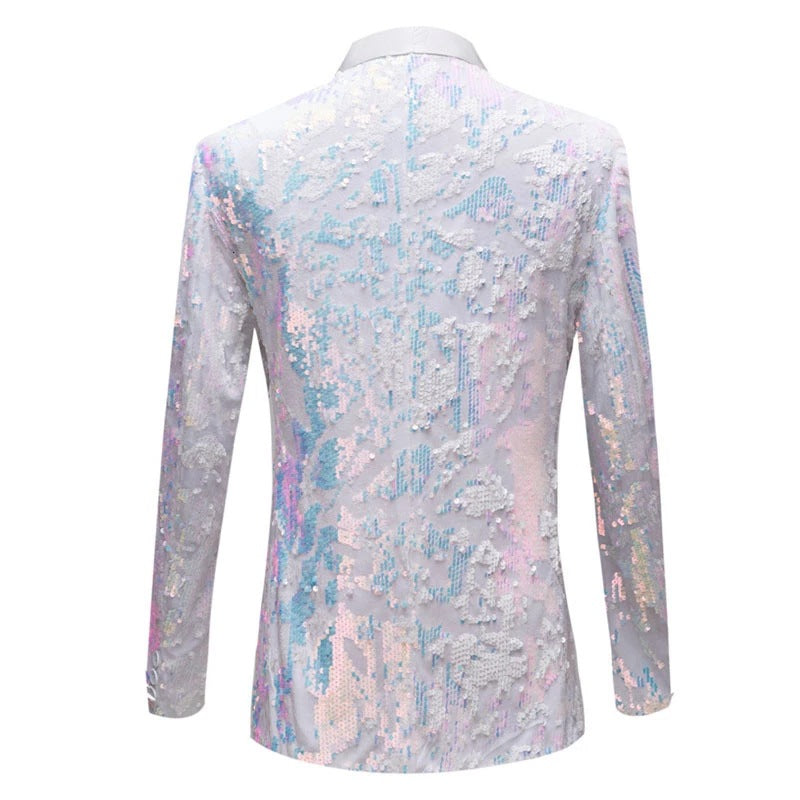 White Embroidery Sequin Slim Fit Tuxedo Jacket