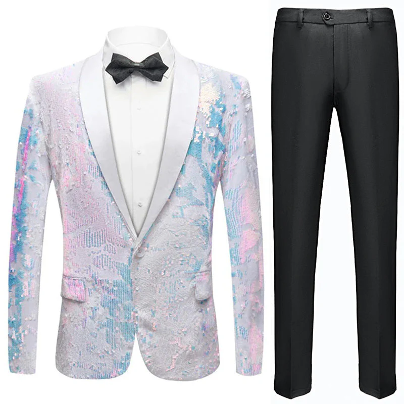 White Embroidery Sequin Slim Fit Tuxedo Jacket