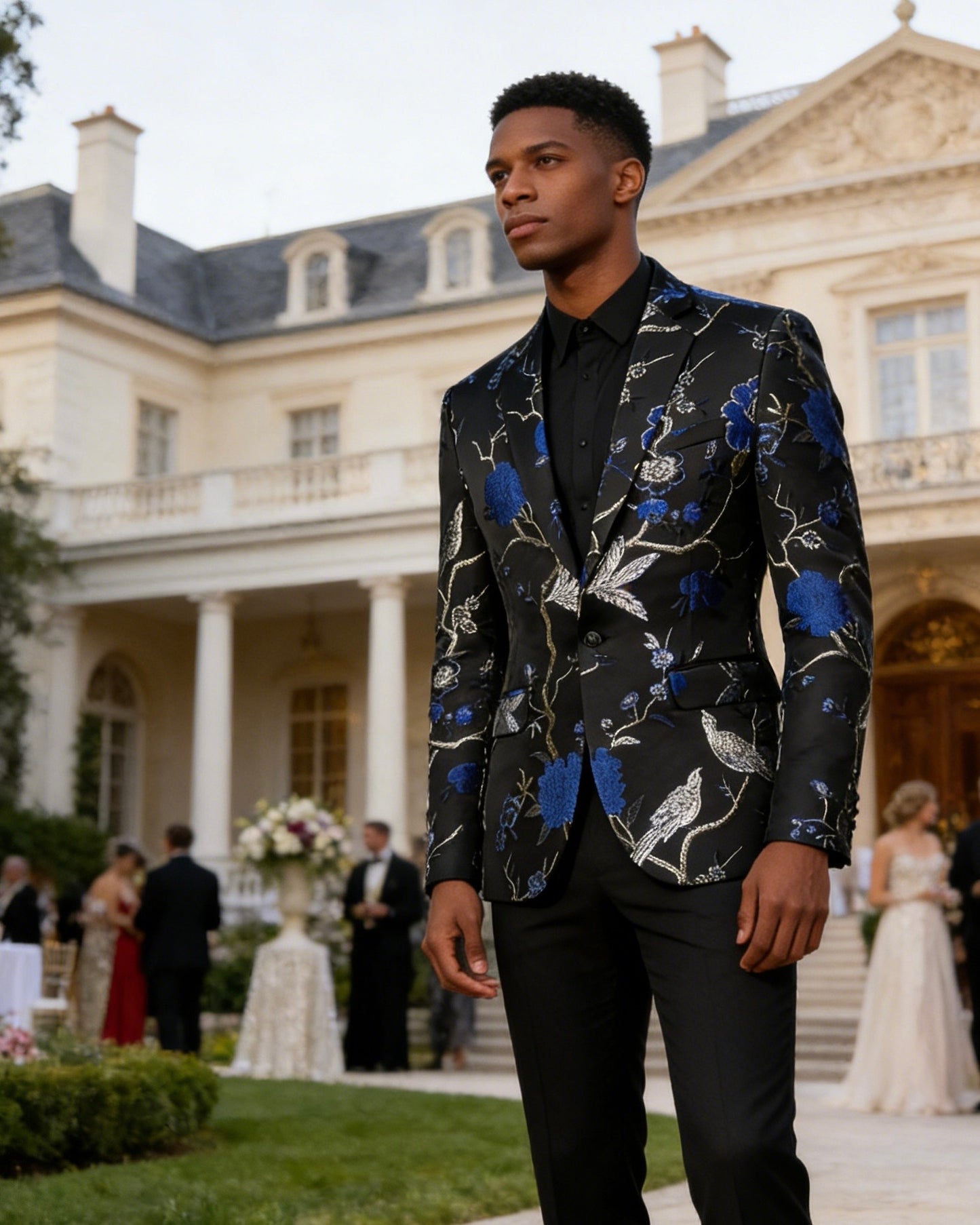 Men's Blue 2-Piece Birdsong Forest Embroidery Notched Lapel Formal Prom Suit