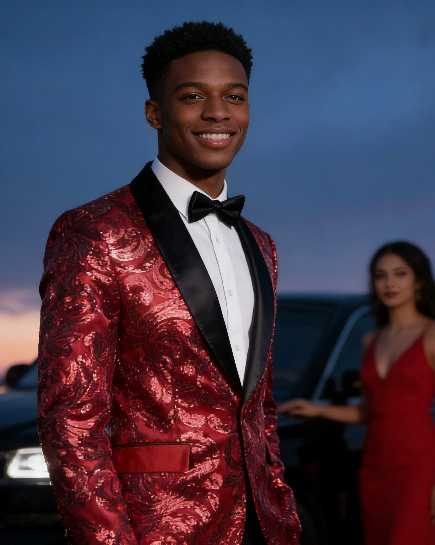 Men's Red Floral Sequin Shawl Lapel Blazer prom suit