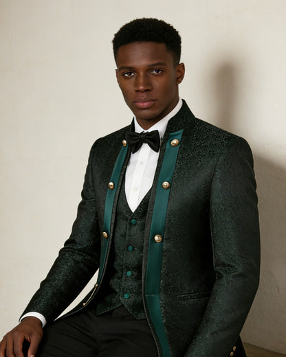 Mens 3-Piece Green Paisley Fitted  Stand Collar Prom Suit