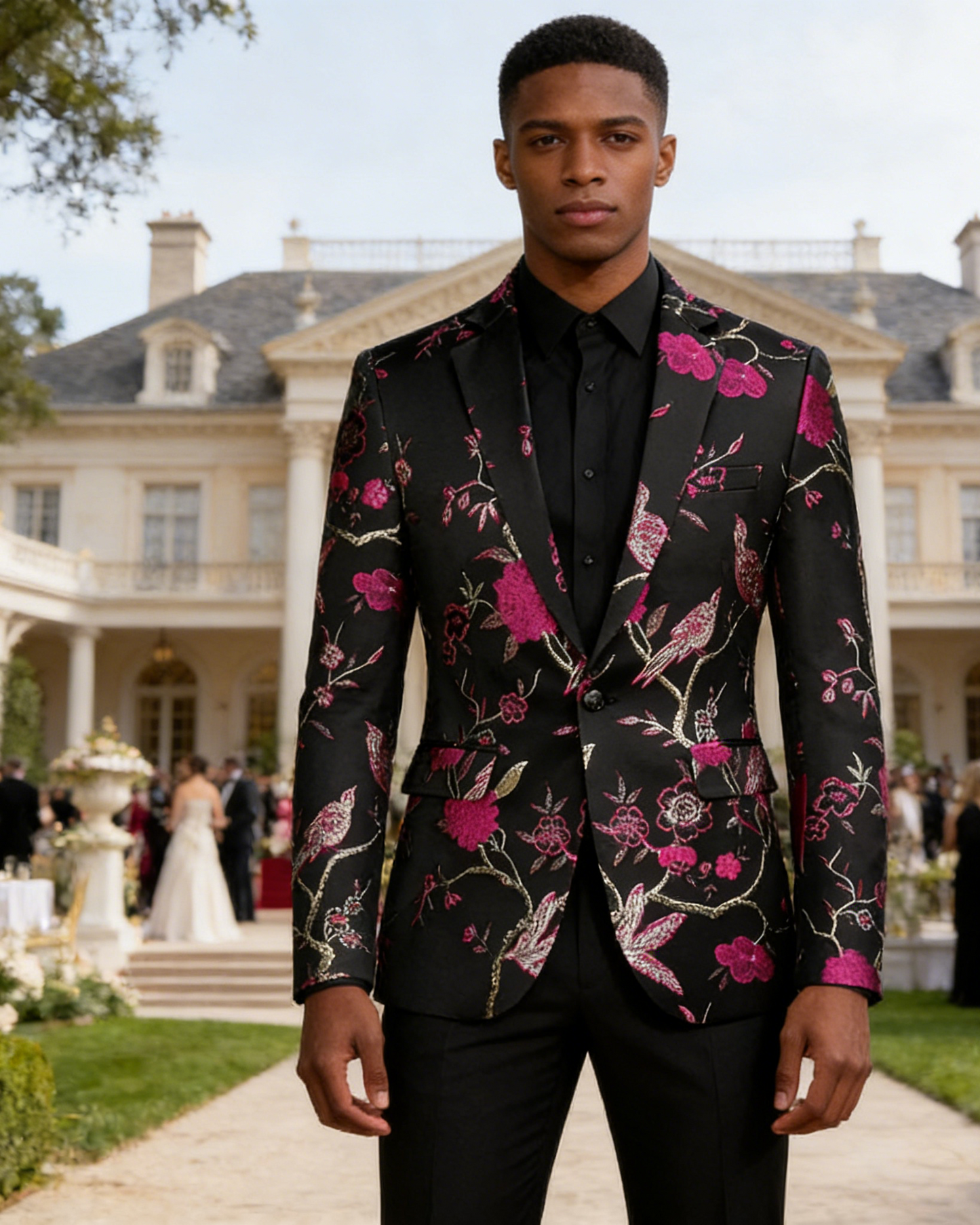 Men's Magenta 2-Piece Birdsong Forest Embroidery Notched Lapel Formal Prom Suit