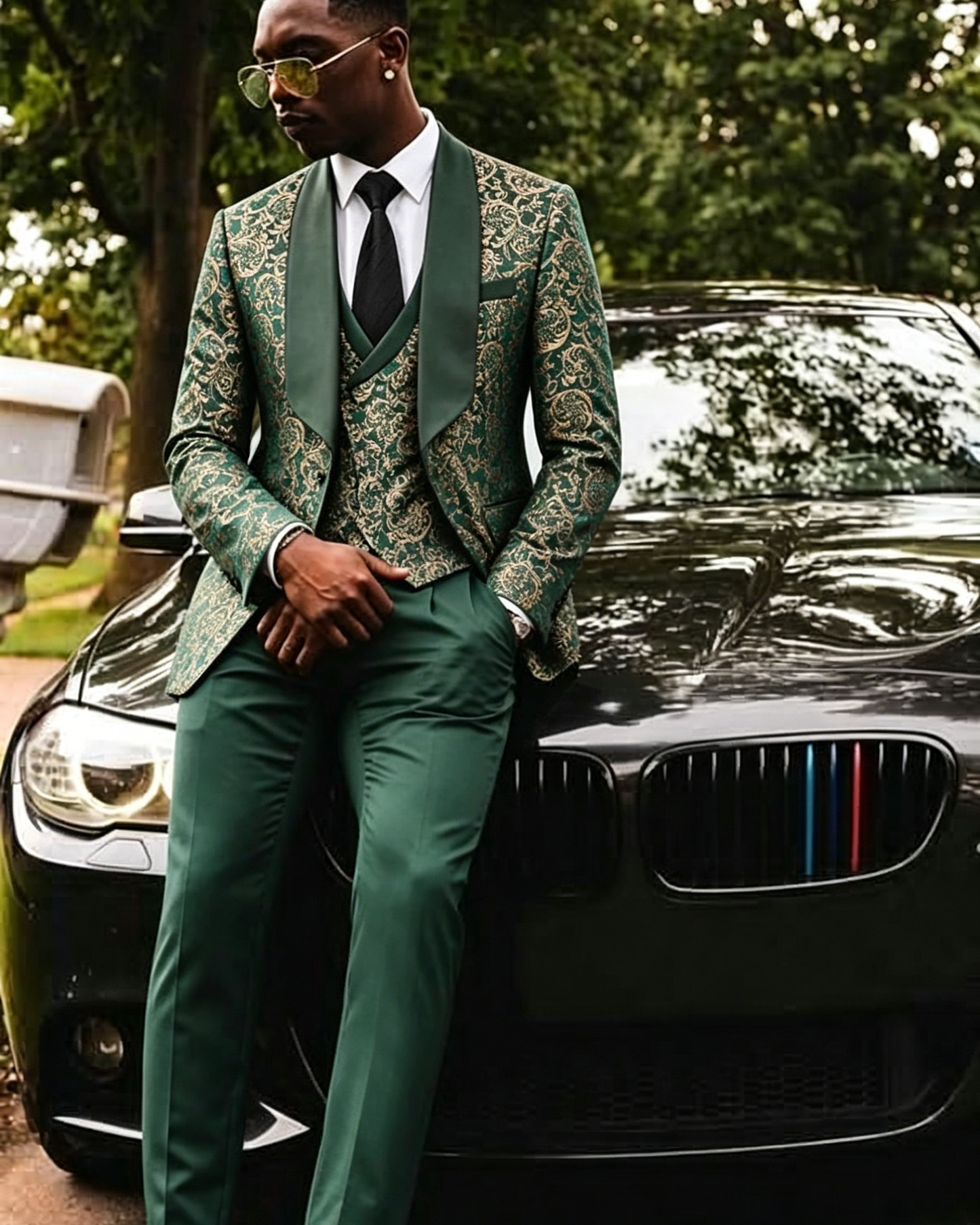 Green jacquard Men's 3-Piece prom suit