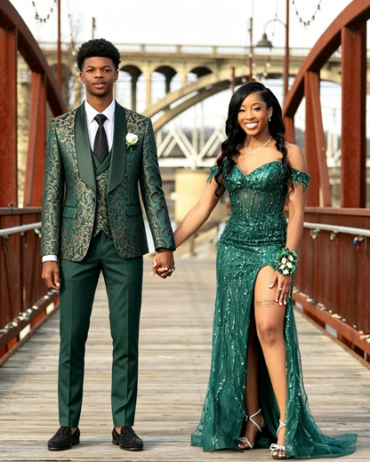 Green jacquard Men's 3-Piece prom suit