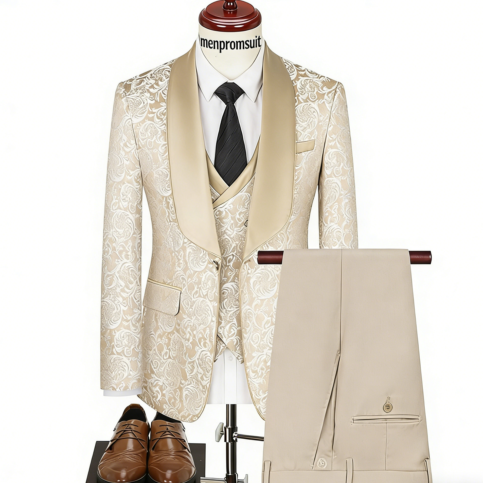 champagne gold jacquard Men's 3-Piece prom suit