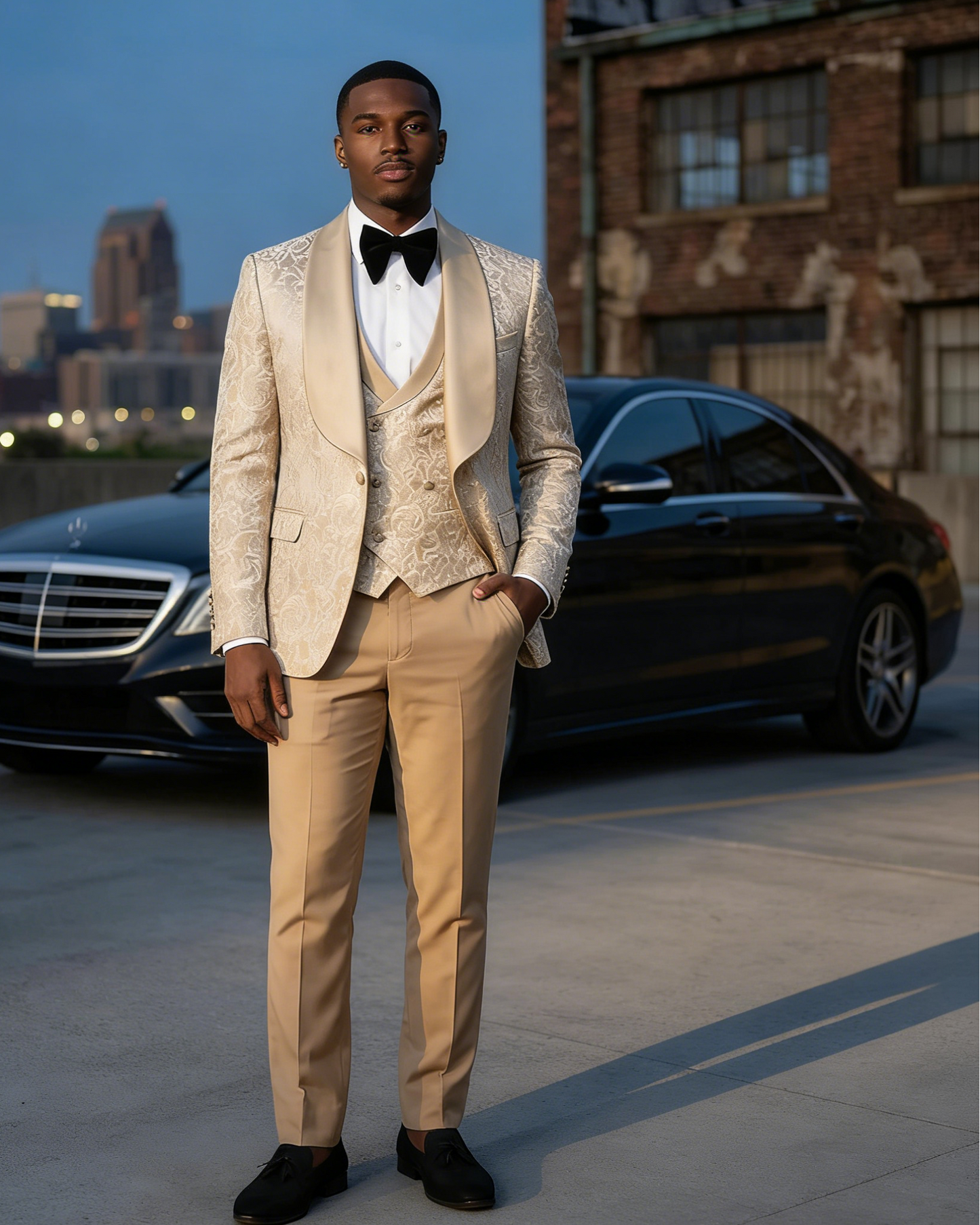 champagne gold jacquard Men's 3-Piece prom suit