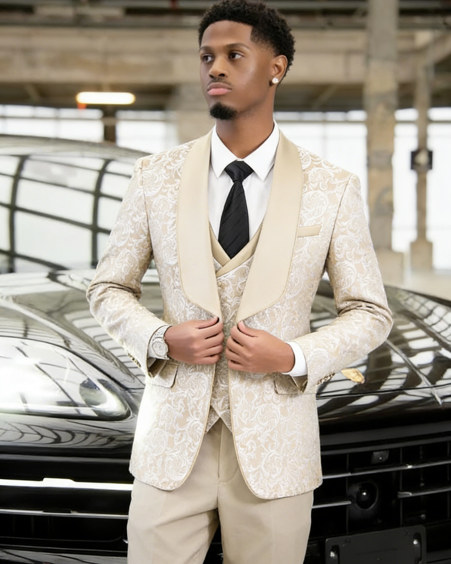 champagne gold jacquard Men's 3-Piece prom suit