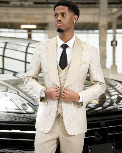champagne gold jacquard Men's 3-Piece prom suit