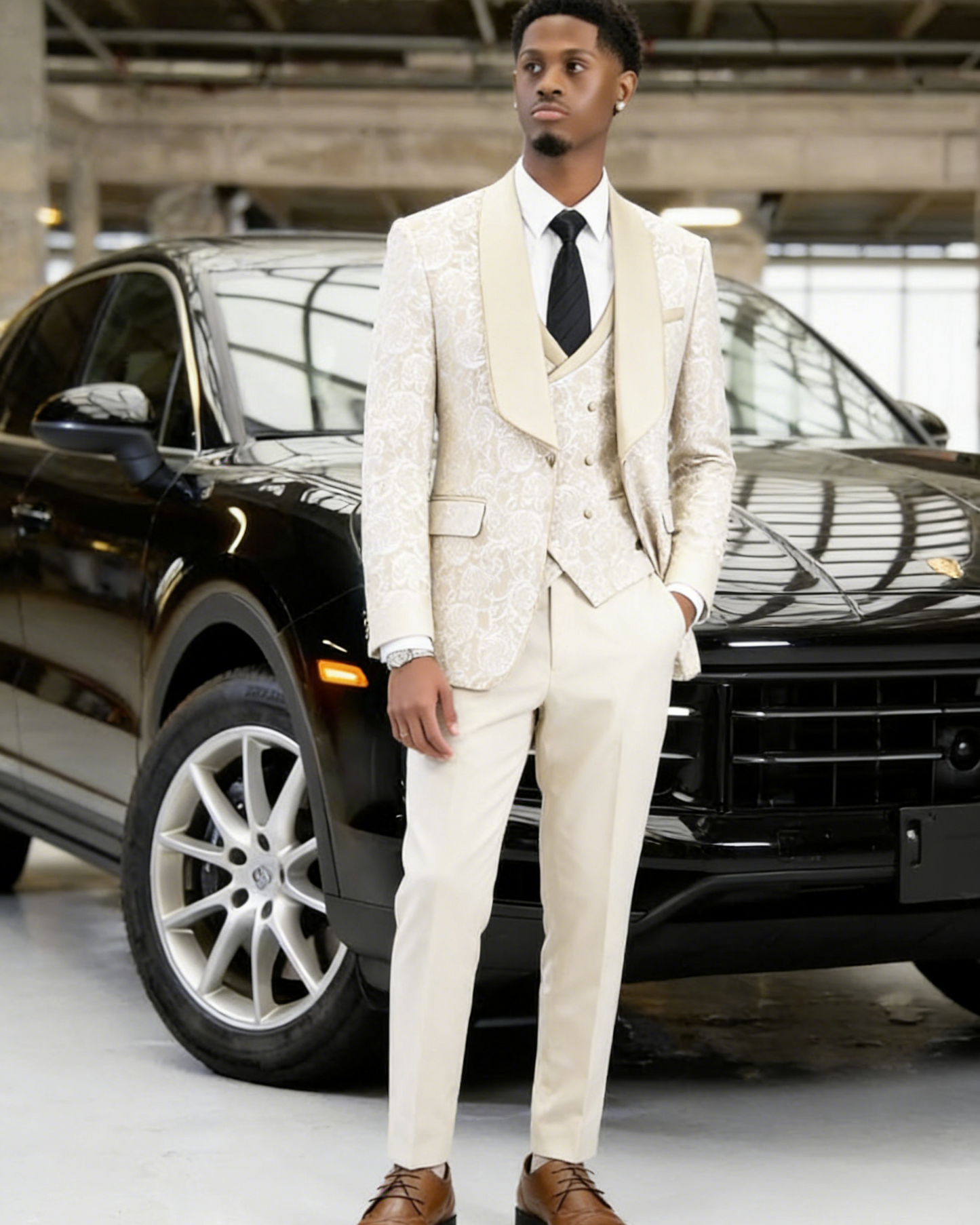 champagne gold jacquard Men's 3-Piece prom suit