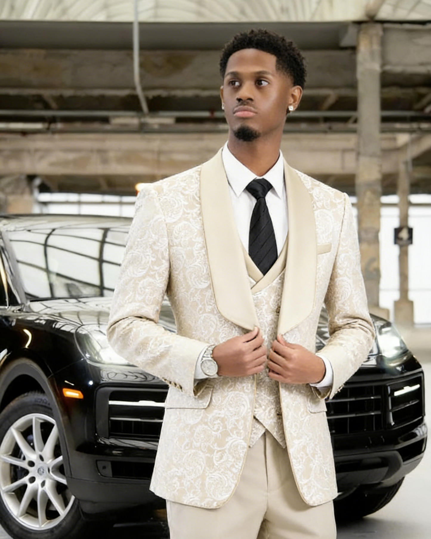champagne gold jacquard Men's 3-Piece prom suit