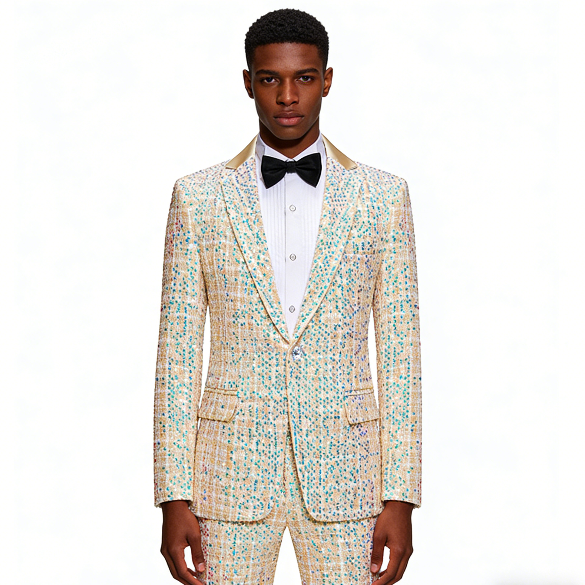 Mens 2-Piece Champagne Sequin Grid Prom Suit