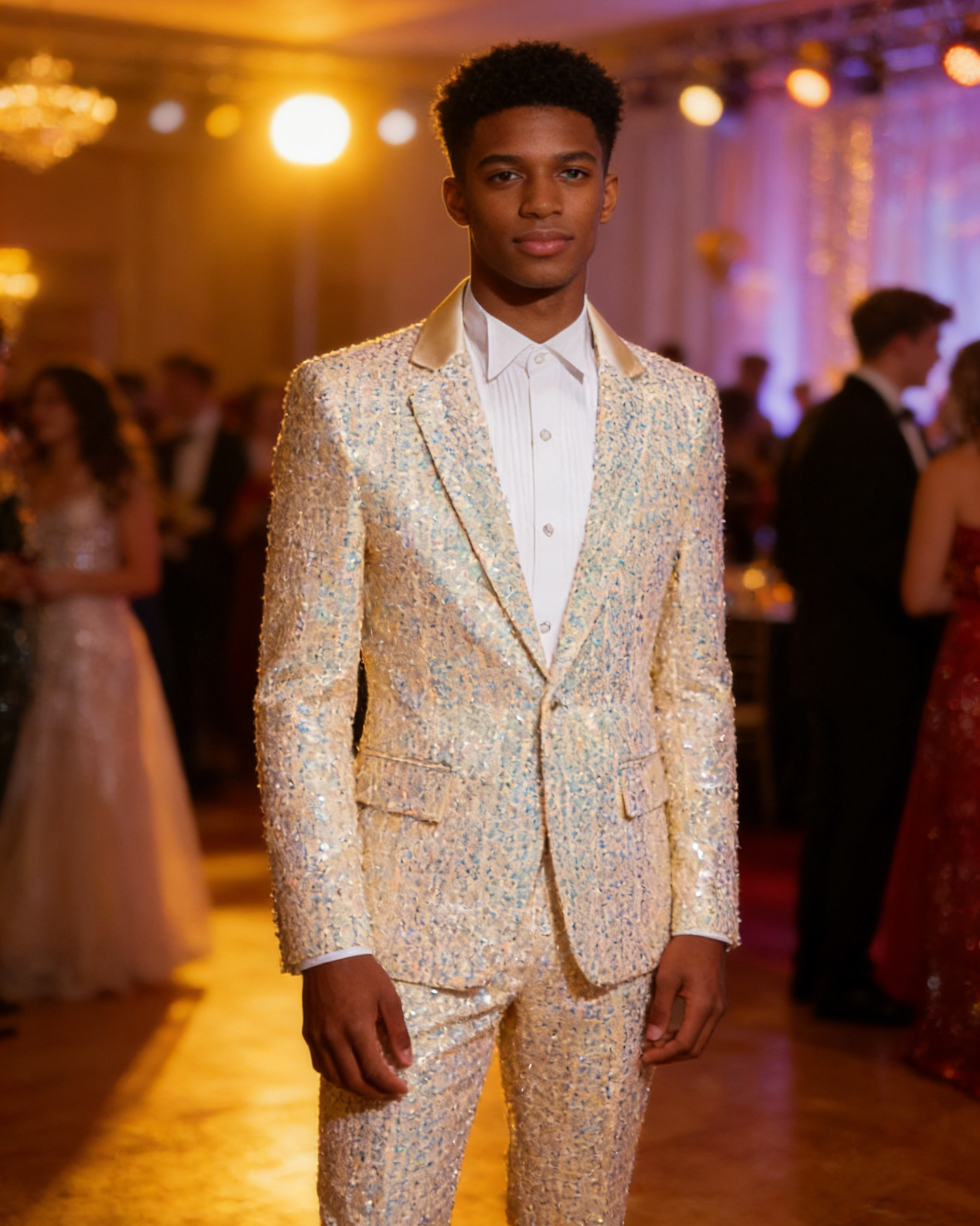 Mens 2-Piece Champagne Sequin Grid Prom Suit