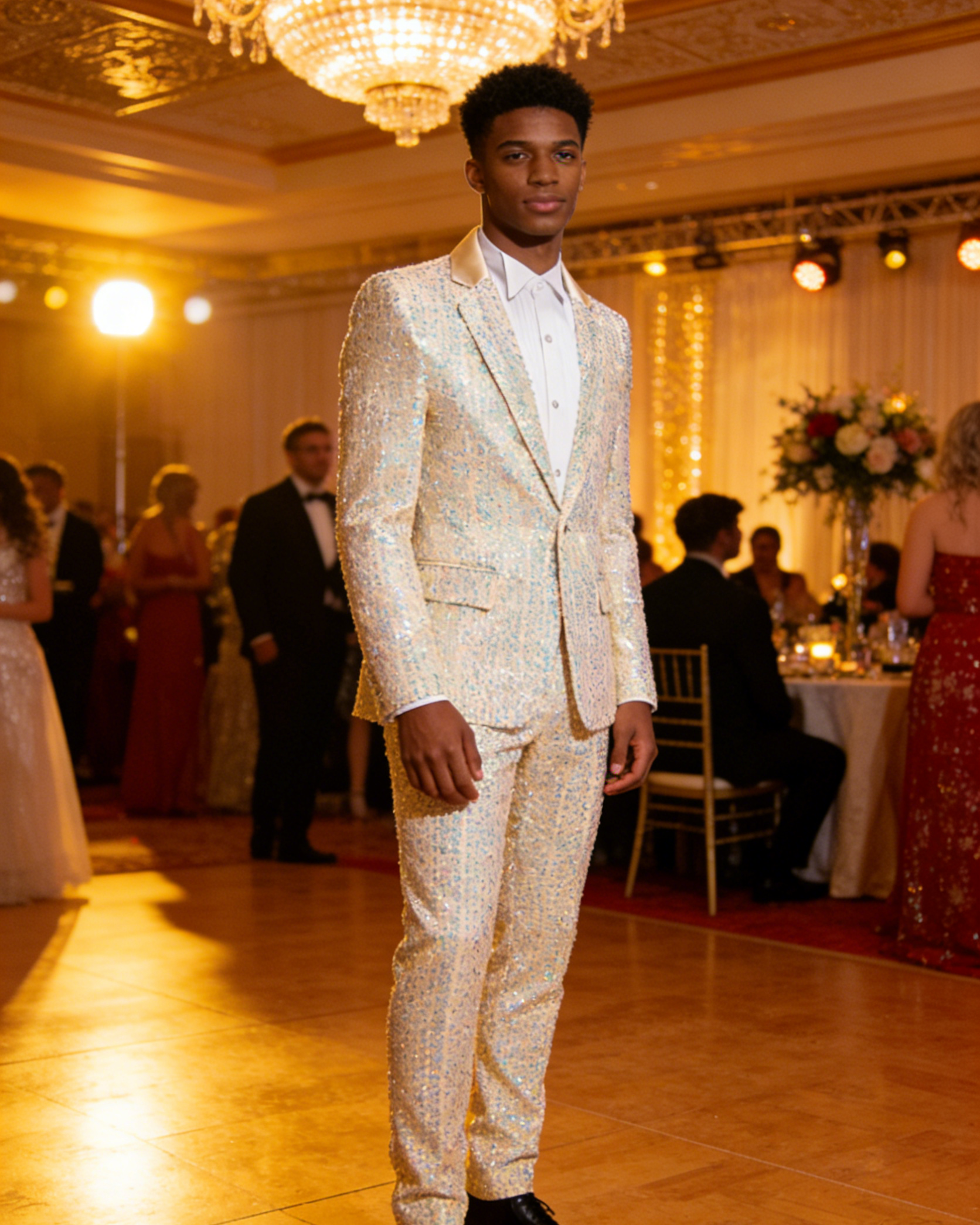 Mens 2-Piece Champagne Sequin Grid Prom Suit