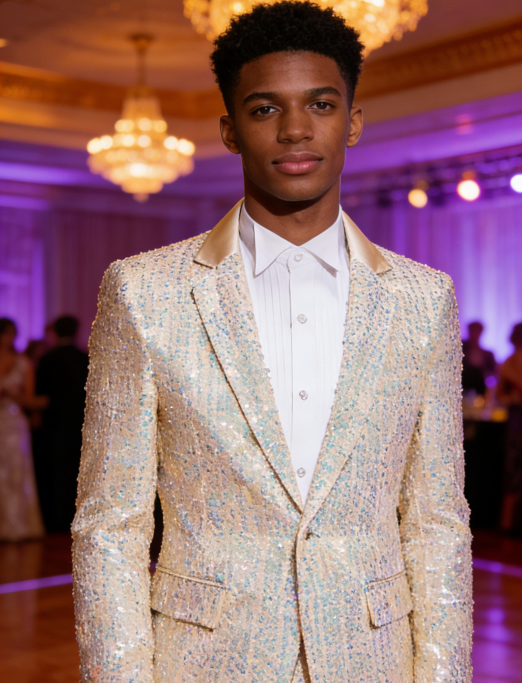Mens 2-Piece Champagne Sequin Grid Prom Suit