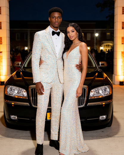 Mens 2-Piece Champagne Sequin Grid Prom Suit