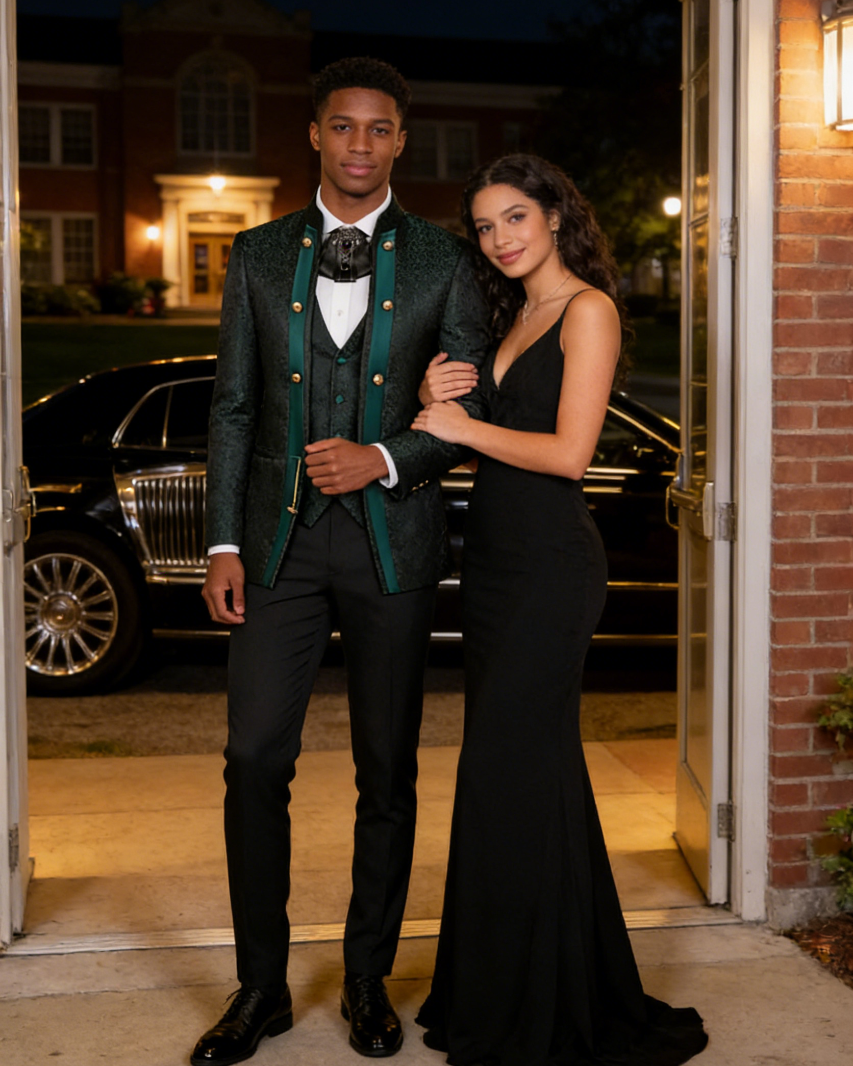 Mens 3-Piece Green Paisley Fitted  Stand Collar Prom Suit