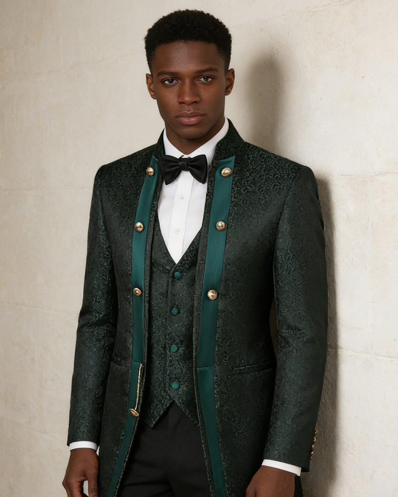 Mens 3-Piece Green Paisley Fitted  Stand Collar Prom Suit