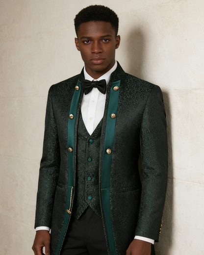 Mens 3-Piece Green Paisley Fitted  Stand Collar Prom Suit