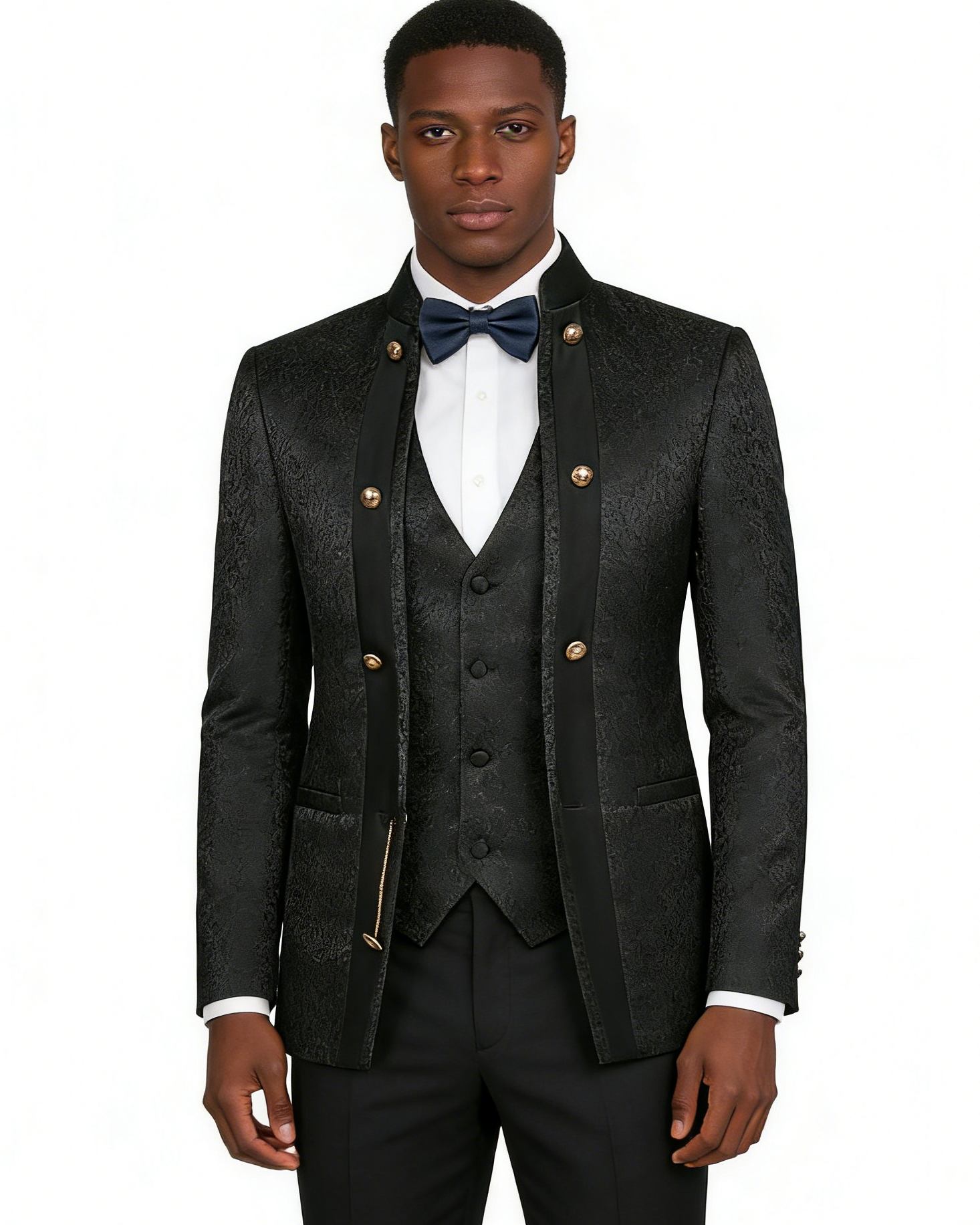 Mens 3-Piece Black Paisley Fitted  Stand Collar Prom Suit