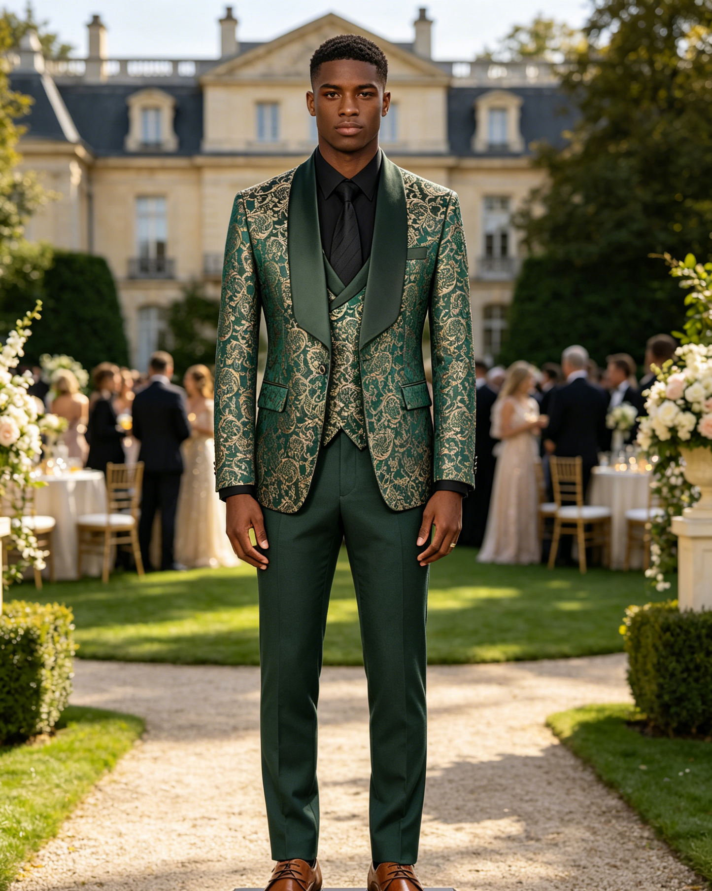 Green jacquard Men's 3-Piece prom suit
