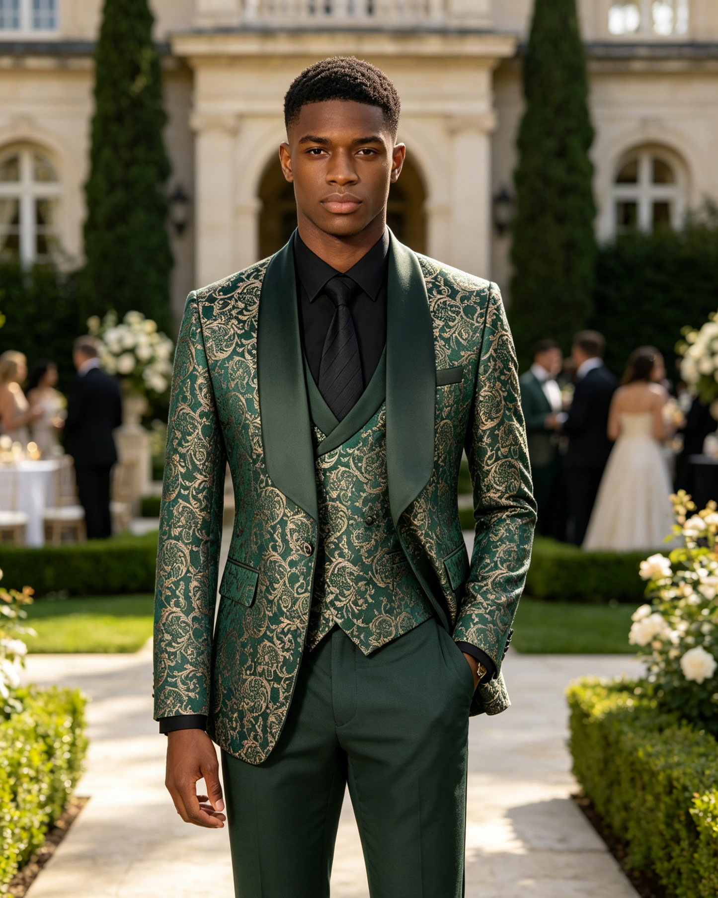 Green jacquard Men's 3-Piece prom suit