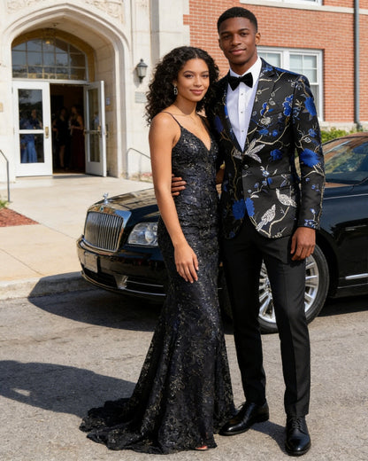 Men's Blue 2-Piece Birdsong Forest Embroidery Notched Lapel Formal Prom Suit