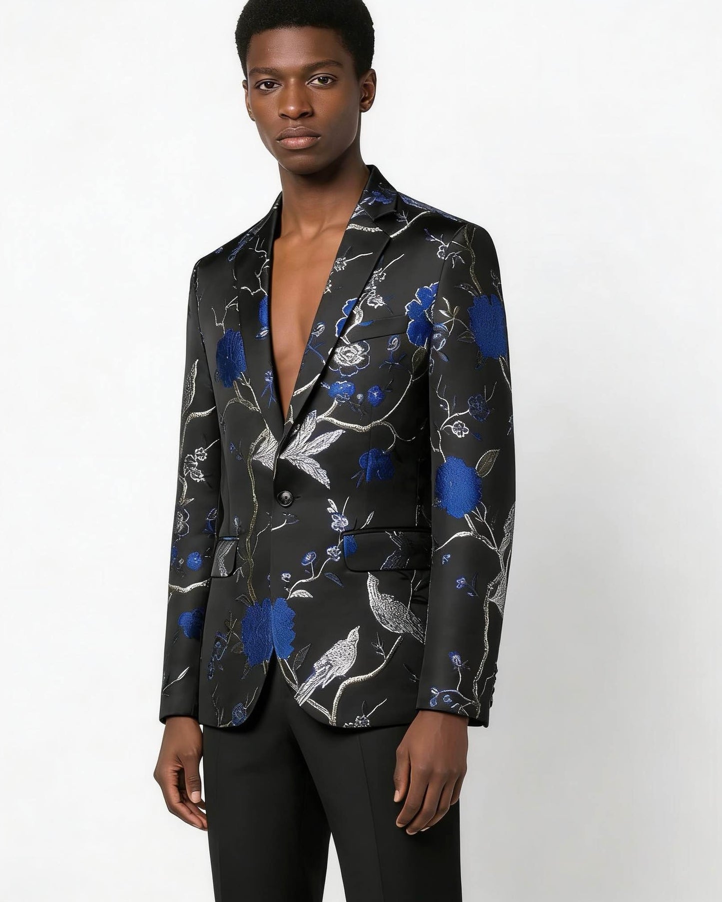 Men's Blue 2-Piece Birdsong Forest Embroidery Notched Lapel Formal Prom Suit