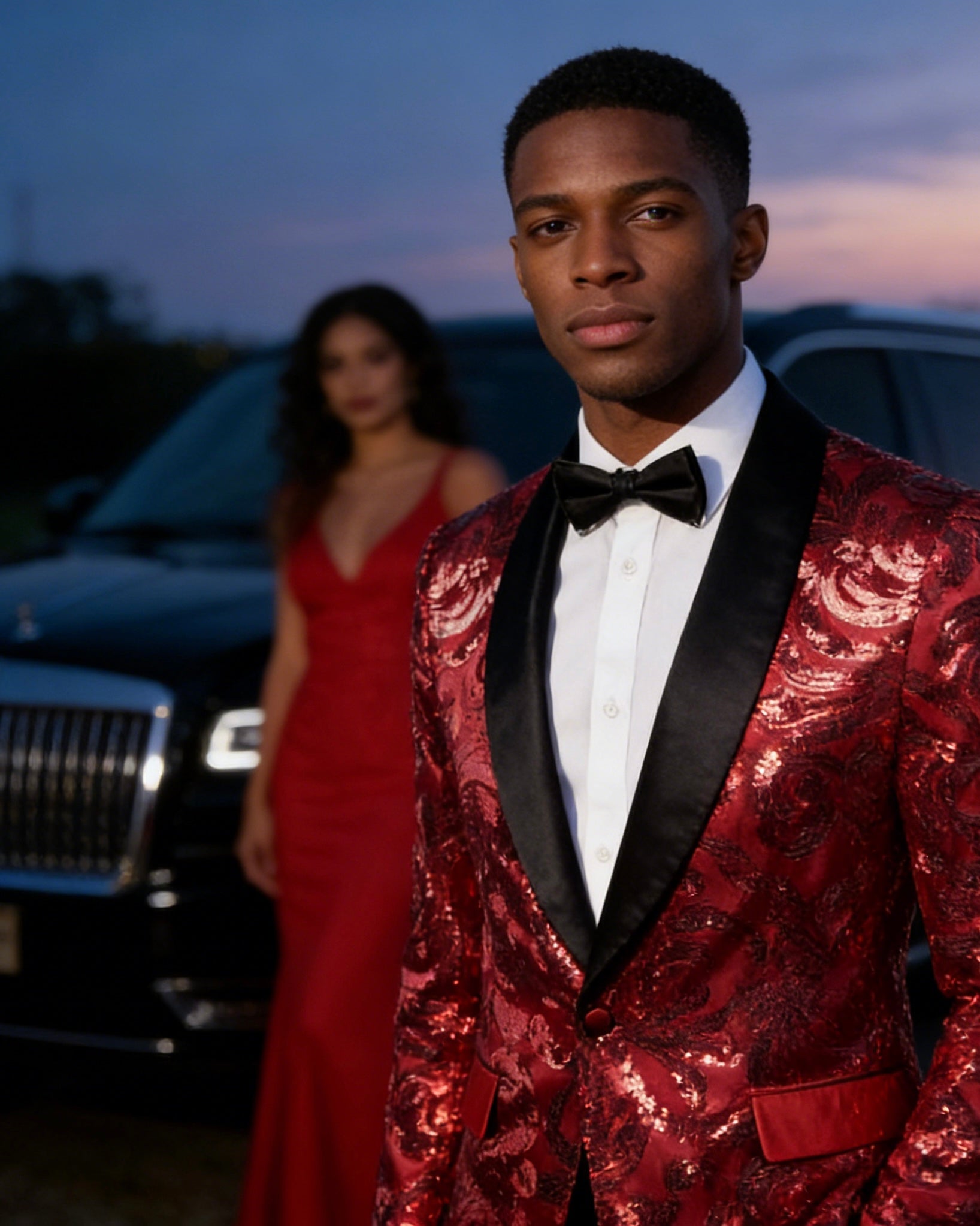 Men's Red Floral Sequin Shawl Lapel Blazer prom suit