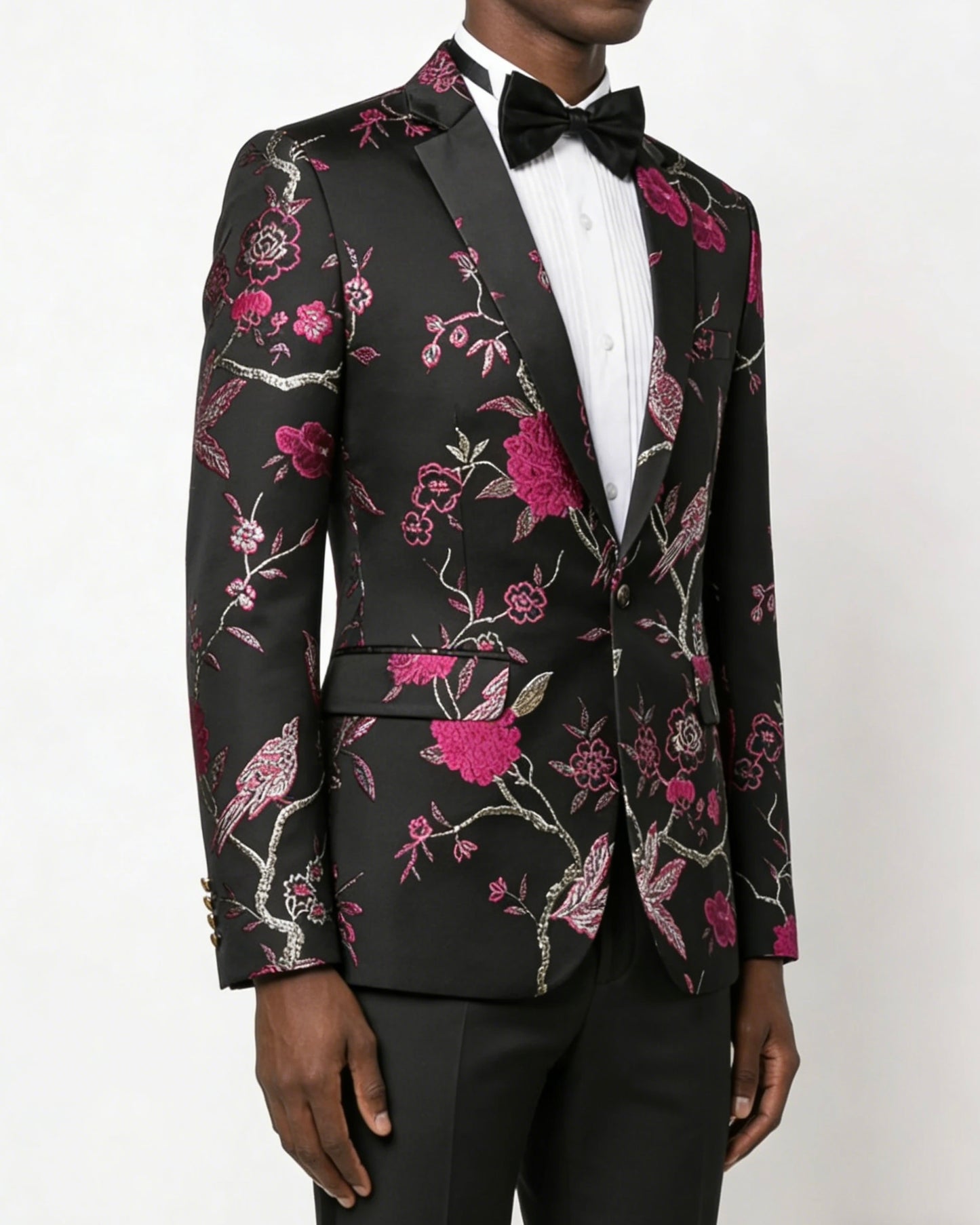 Men's Magenta 2-Piece Birdsong Forest Embroidery Notched Lapel Formal Prom Suit