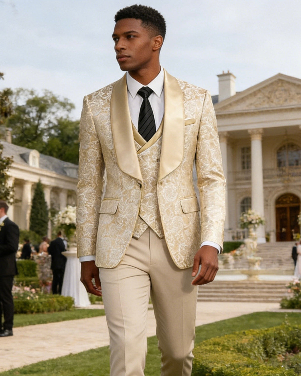 champagne gold jacquard Men's 3-Piece prom suit