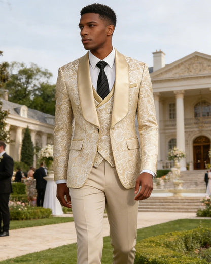 champagne gold jacquard Men's 3-Piece prom suit