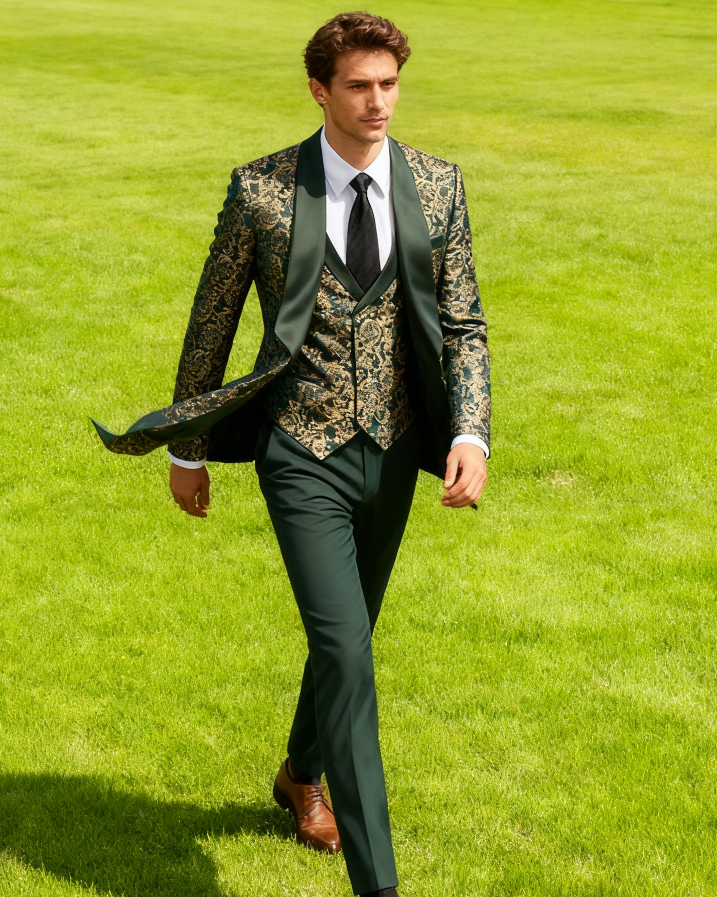 Men's 3-Piece Vintage Style Gold Damask Jacquard Green Suit