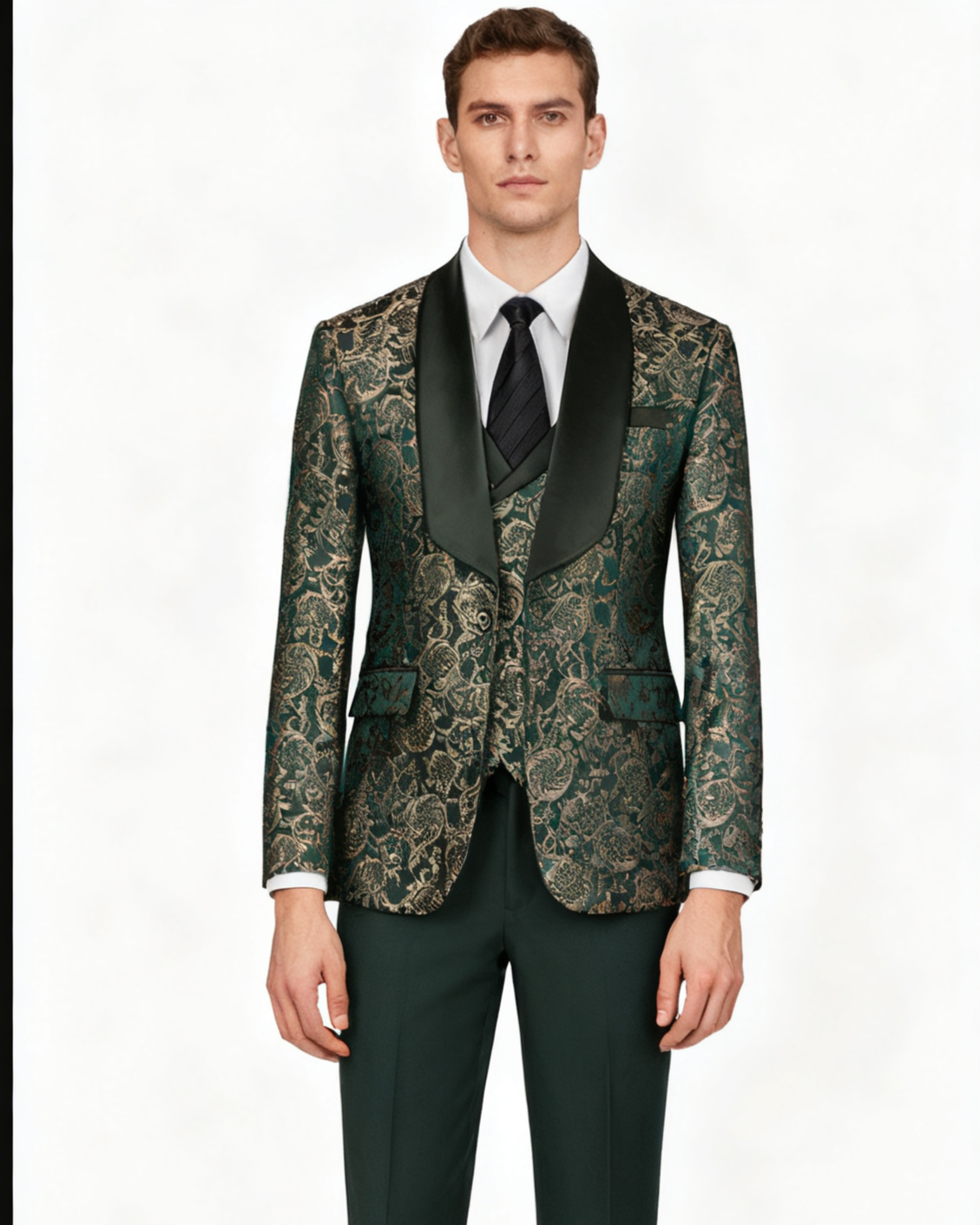 Men's 3-Piece Vintage Style Gold Damask Jacquard Green Suit