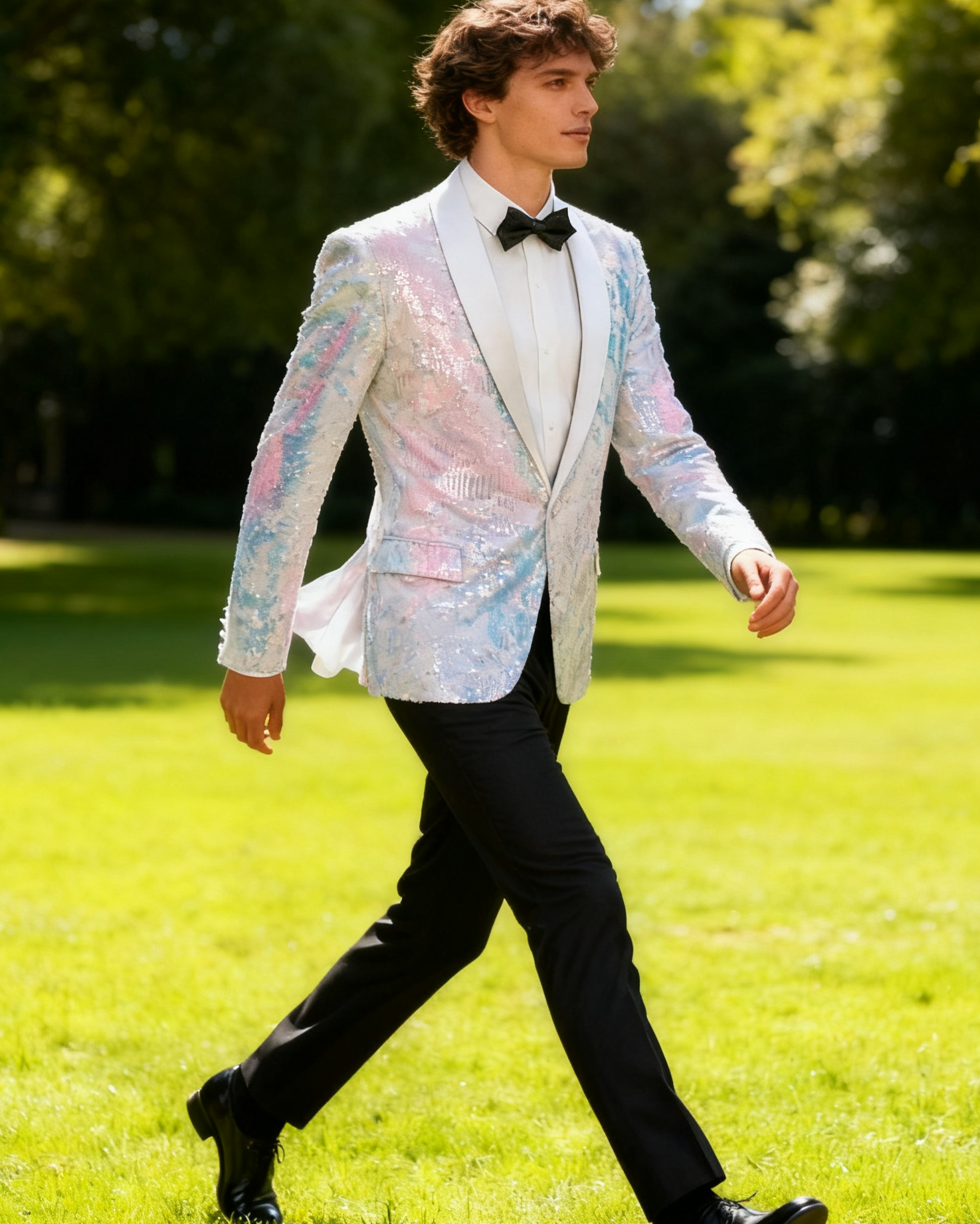 White Embroidery Sequin Slim Fit Tuxedo Jacket
