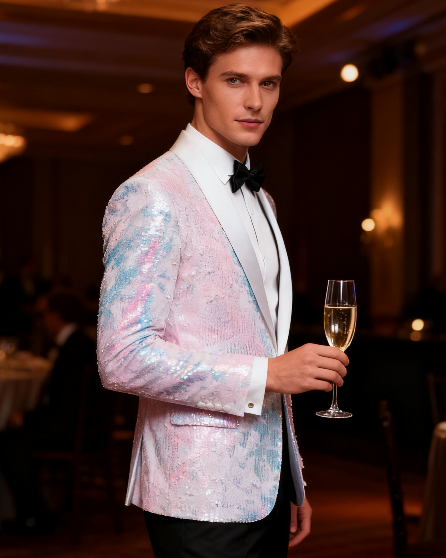 White Embroidery Sequin Slim Fit Tuxedo Jacket