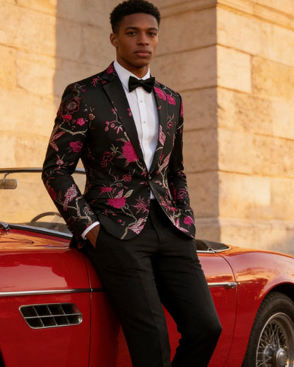 Men's Magenta 2-Piece Birdsong Forest Embroidery Notched Lapel Formal Prom Suit