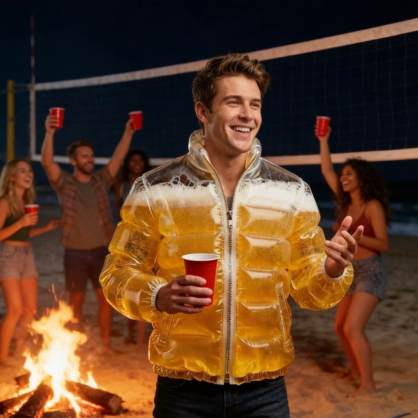 Inflatable Beer Puffer Jacket Costume Transparent Beer-Filled Jacket for Pools