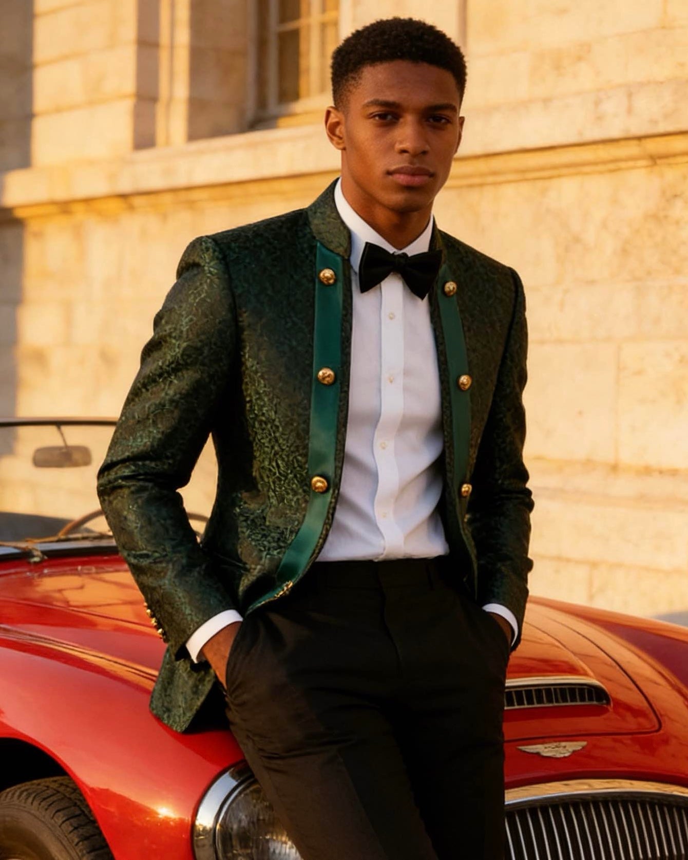 Mens 3-Piece Green Paisley Fitted  Stand Collar Prom Suit